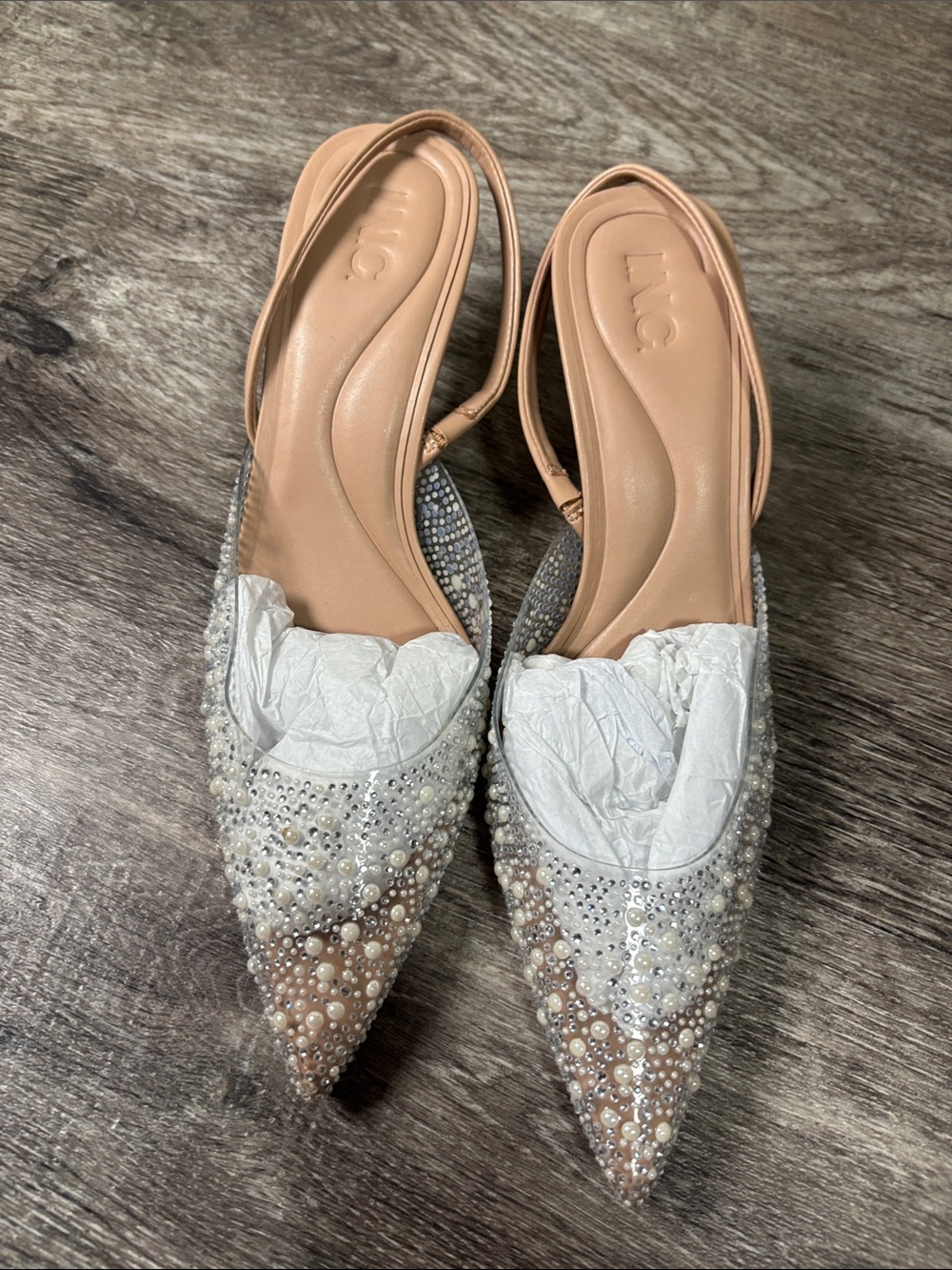 INC International Concepts Nude Pearl & Crystal Pointed Slingback Flats